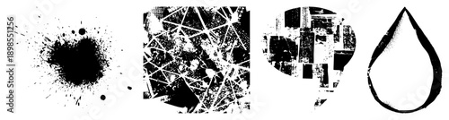 Black ink splatter texture, shattered glass, fragmented circular collage, minimalist water droplet all vector elements with halftone grain and clean.