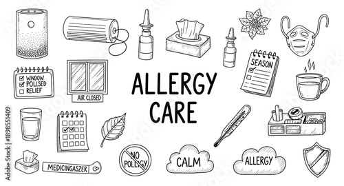 Allergy care essentials and symptoms illustrated in a doodle style