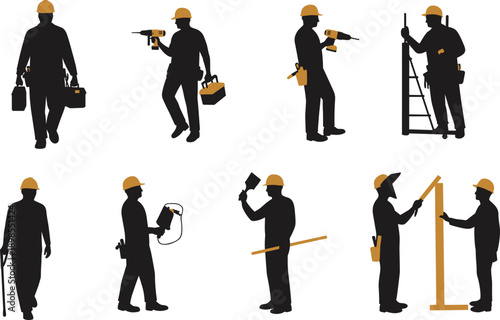 Construction workers in action with tools, silhouettes wearing hard hats, using drill machines, ladders, measuring, teamwork, repair, maintenance
