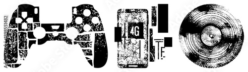 Distressed vector of gaming controller, 4G phone, and vinyl record, halftone texture, isolated digital symbols, retro tech aesthetic.