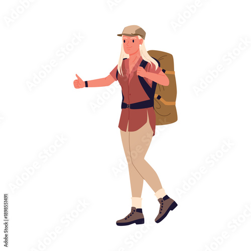 Young woman hitchhiking with backpack, wearing outdoor clothing and cap, giving thumbs up gesture, travel and adventure concept, isolated on white background vector illustration