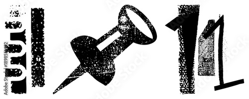 Graphic design featuring a pushpin with gritty texture, paired with stylized “11” and “111” numerals, ideal for retro branding or layouts.