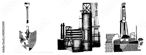 Shovel, drill rig, and refinery rendered in halftone, industrial equipment, mining, resource extraction, vector illustration.