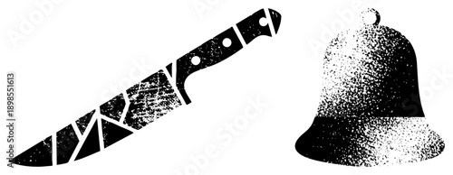 Graphic symbols of a fractured knife and bell rendered in gritty halftone, vector art, isolated, stylized kitchen and alert.