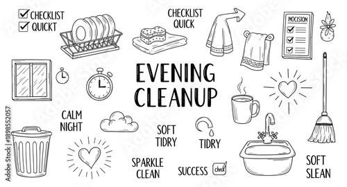 Hand-drawn doodle icons representing evening cleanup tasks and a calm night routine