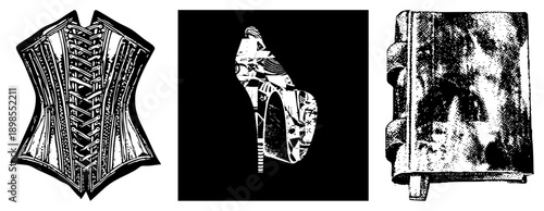 Ornate corset with lacing, high heeled shoe with collage, aged leather journal with embossed cover, vector illustrations, black and white, isolated elements.
