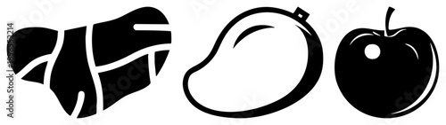 Stylized black vector of mango,, and leafy vegetable, minimalist design, food illustration, flat graphic, isolated elements.