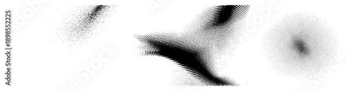 Vector halftone gradients creating organic curves and radial forms, isolated graphic elements, digital art, dot art, abstract design motifs.