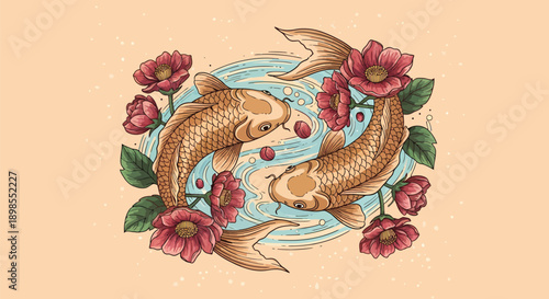 Tattoo Design with Koi Fish and Flowers.