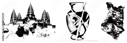 Angkor Wat temple ruins, shattered ceramic vase, mountainous terrain, halftone vector art, black and white graphic, isolated foreground elements.