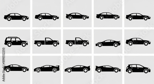 Collection of Black Car Silhouettes on a Light Gray Background.