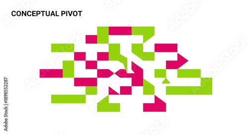 Conceptual Pivot Abstract Design: Dynamic Geometric Grid Pattern representing Strategy, Change, Transformation, and Data Flow in Magenta and Lime Green.