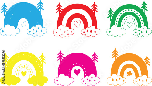 Cute Rainbow Outline Illustration Set  Clouds, Raindrops, and Decorative Elements