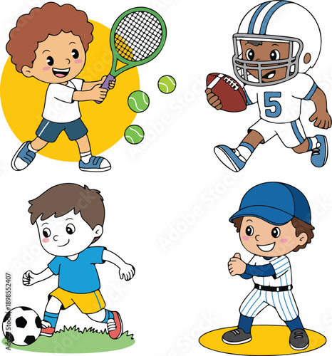 Kids Sports Outline Illustration Set  Football, Basketball, Swimming, and More