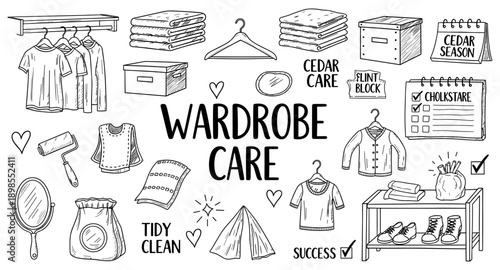 Hand-drawn illustration of wardrobe care items and concepts for organization and tidiness