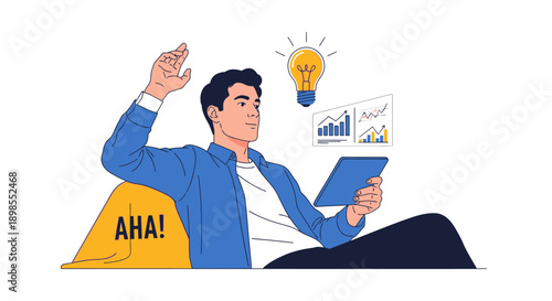 Creative business inspiration and insight. Man having an Aha moment (lightbulb) while analyzing market data and growth charts on a digital tablet.