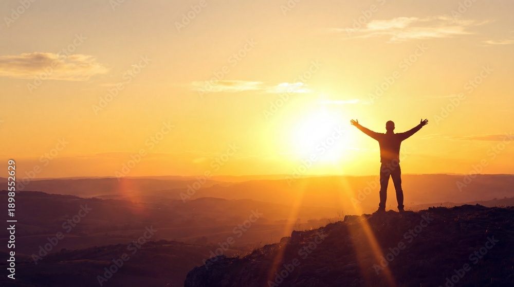 Fototapeta premium silhouette of man on mountain peak with arms raised against golden sunrise. concept of success, freedom, and achievement. website header, banner, social media post, copyspace.
