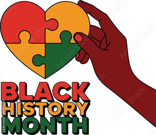 Hand placing last puzzle piece in heart shape with red yellow and green colors and black history day Black History Month text