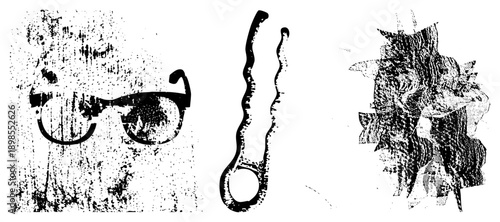 Retro eyewear silhouette, twisted hairpin clip, stylized burst halftone vector set. Graphic design elements with distressed texture.