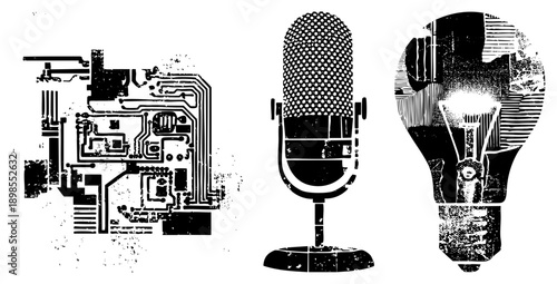 Retro tech symbols including circuit board, classic microphone, and glowing light bulb, rendered in gritty halftone texture, ideal for creative or industrial design projects.
