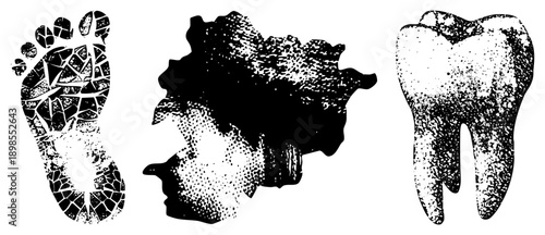 Graphic trio featuring mosaic foot, ink blot silhouette, and textured tooth, all in halftone style, ideal for medical or artistic use.