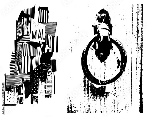 Stylized cityscape with striped buildings and “MAL” sign, paired with vintage door knocker, halftone texture, graphic design elements.