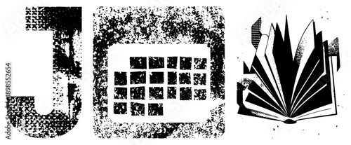 Retro distressed letter J, pixelated calendar grid, open book with halftone shading, vector, graphic design elements, textured typography.