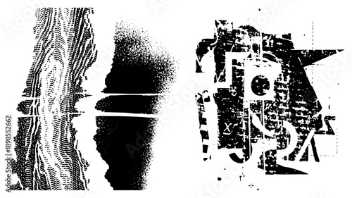 Graphic design elements featuring halftone, distressed typography, and fragmented letterforms, ideal for modern print or digital art projects.