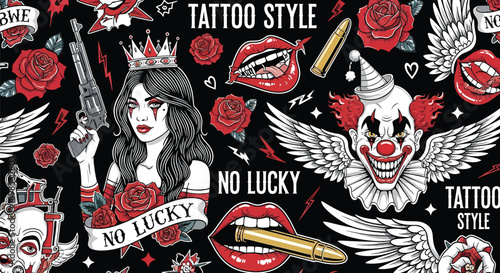 Tattoo Style Design Elements and Symbols.