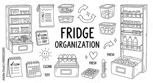 Fridge organization illustration with food storage containers and cleaning checklists