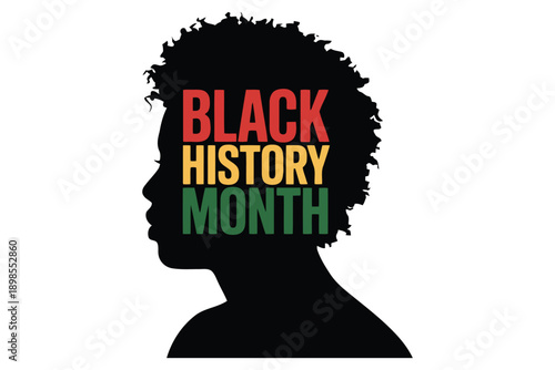 Silhouette of afro hairstyle with black history day Black History Month text in red yellow and green