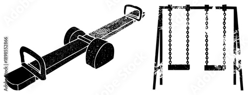 Black and white playground equipment, seesaw with handles and swing set with chains, vector graphic, child play area, outdoor recreation, stylized silhouette.