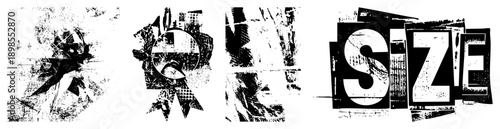 Stylized text with gritty textures, layered letterforms, distressed typography, urban graphic design, bold black and white lettering.