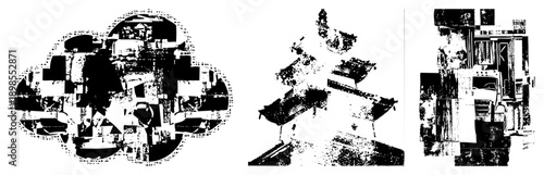 Fragmented cityscape with buildings and trucks, halftone texture, geometric abstraction, urban decay motif, black and white vector art, isolated elements.