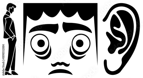 Silhouette of man listening, expressive face with mustache, stylized ear, vector graphic, communication, attention symbol, hearing representation.