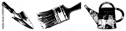 Classic gardening implements rendered in distressed black and white, trowel for digging, paintbrush for coating, watering can for irrigation, rustic vector art.