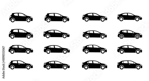 Collection of black car silhouettes in various models and angles.