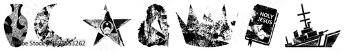 Religious including star,, crown, book, and ship, rendered in distressed black and white vector style with geometric and halftone textures.