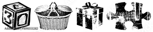 Classic childhood toys including alphabet blocks, picnic basket, wrapped present, and jigsaw puzzle piece, rendered in distressed black and white vector style.