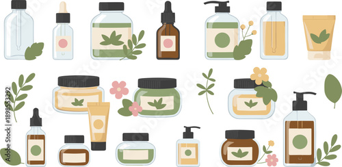 Natural organic skincare product vector set with glass bottles, jars, cream tubes, and herbal leaf elements in a clean flat design style.