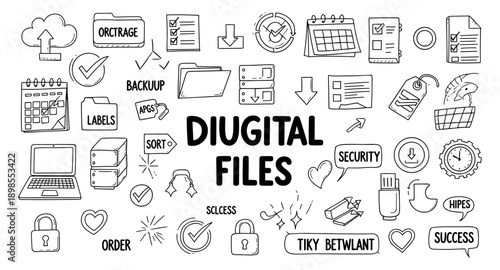 Digital files and data management icons, hand-drawn doodle style