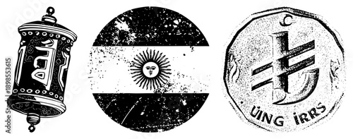 Vintage style black and white vector Tibetan prayer wheel, Argentine sun flag, and Irish coin emblem, each with distressed texture and symbolic design.