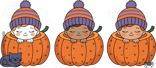 Cute Pumpkin Sleep Outline Illustration Set  Children Napping Inside Pumpkins