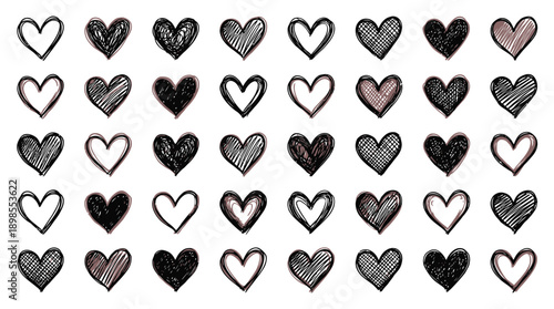 Hand Drawn Heart Shapes Collection on White Background.