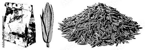 Black and white vector of corn cob, rice pile, and grain sack, minimalist food illustration, agricultural symbols, flat design, food packaging, staple crops.