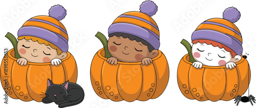 Cute Pumpkin Sleep Outline Illustration Set  Children Napping Inside Pumpkins