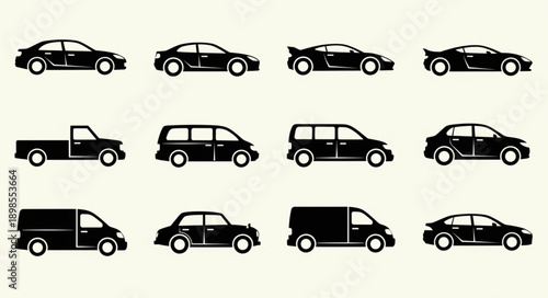 Collection of black car silhouettes on a light background.
