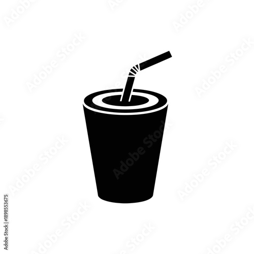 A minimalist black and white icon that depicts a beverage in a cup with a straw