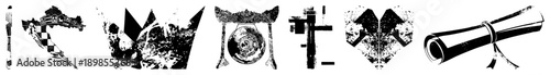 Collection of stylized emblems, including crown, gong, scroll, and abstract motifs, rendered in high contrast black and white vector art with distressed texture.