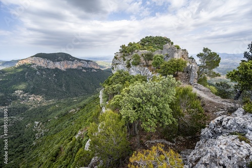 Old castle walls on mountain top, Castell Alaró castle ruins, Puig dAlaró, Serra de Tramuntana, Majorca, Spain